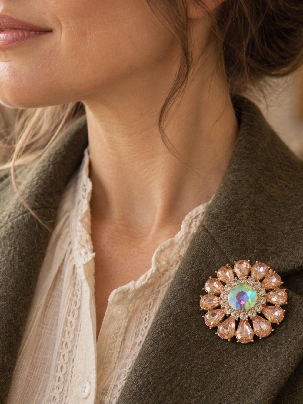 Vintage AB Rhinestone Flower Brooch Blush Pink Champagne Statement Pin